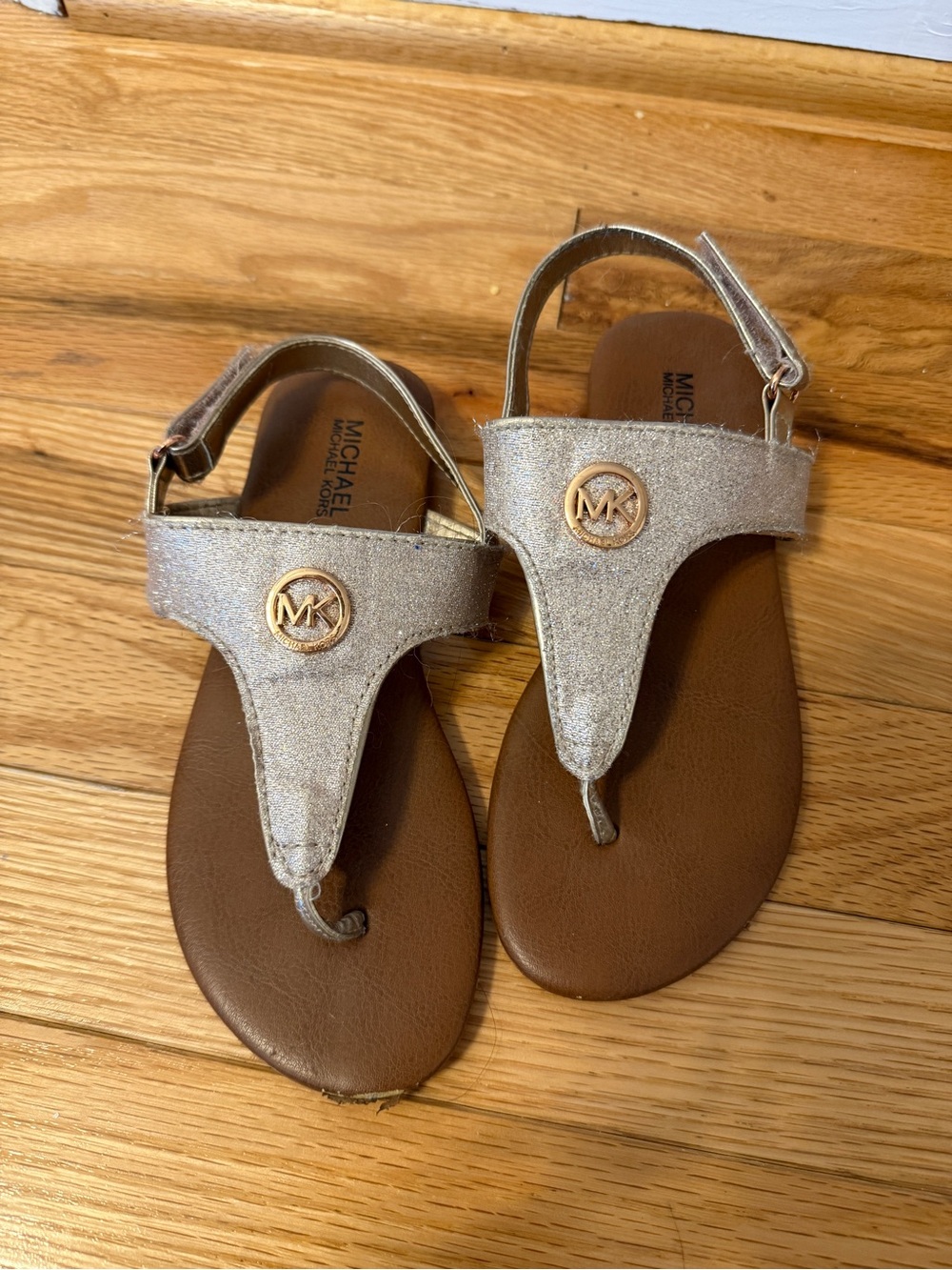 Michael Kors Metallic Gold Thong Sandals with Brown Footbed